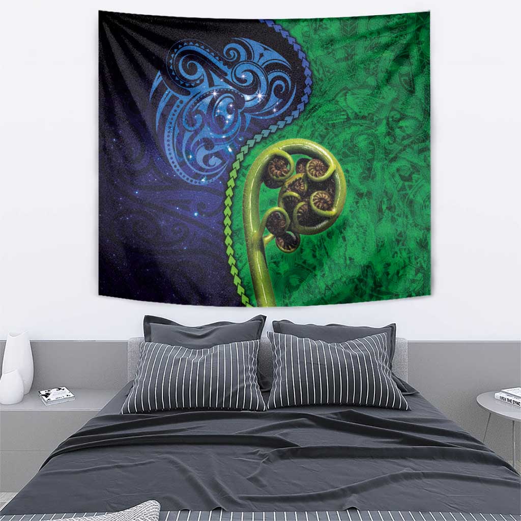 New Zealand Matariki Fern Frond Koru Tapestry with Galaxy Blue Sky and Green Paua Shell Art LT03 - Polynesian Pride