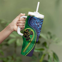 New Zealand Matariki Fern Frond Koru Tumbler With Handle with Galaxy Blue Sky and Green Paua Shell Art LT03 - Polynesian Pride