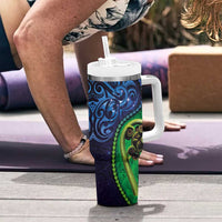 New Zealand Matariki Fern Frond Koru Tumbler With Handle with Galaxy Blue Sky and Green Paua Shell Art LT03 - Polynesian Pride