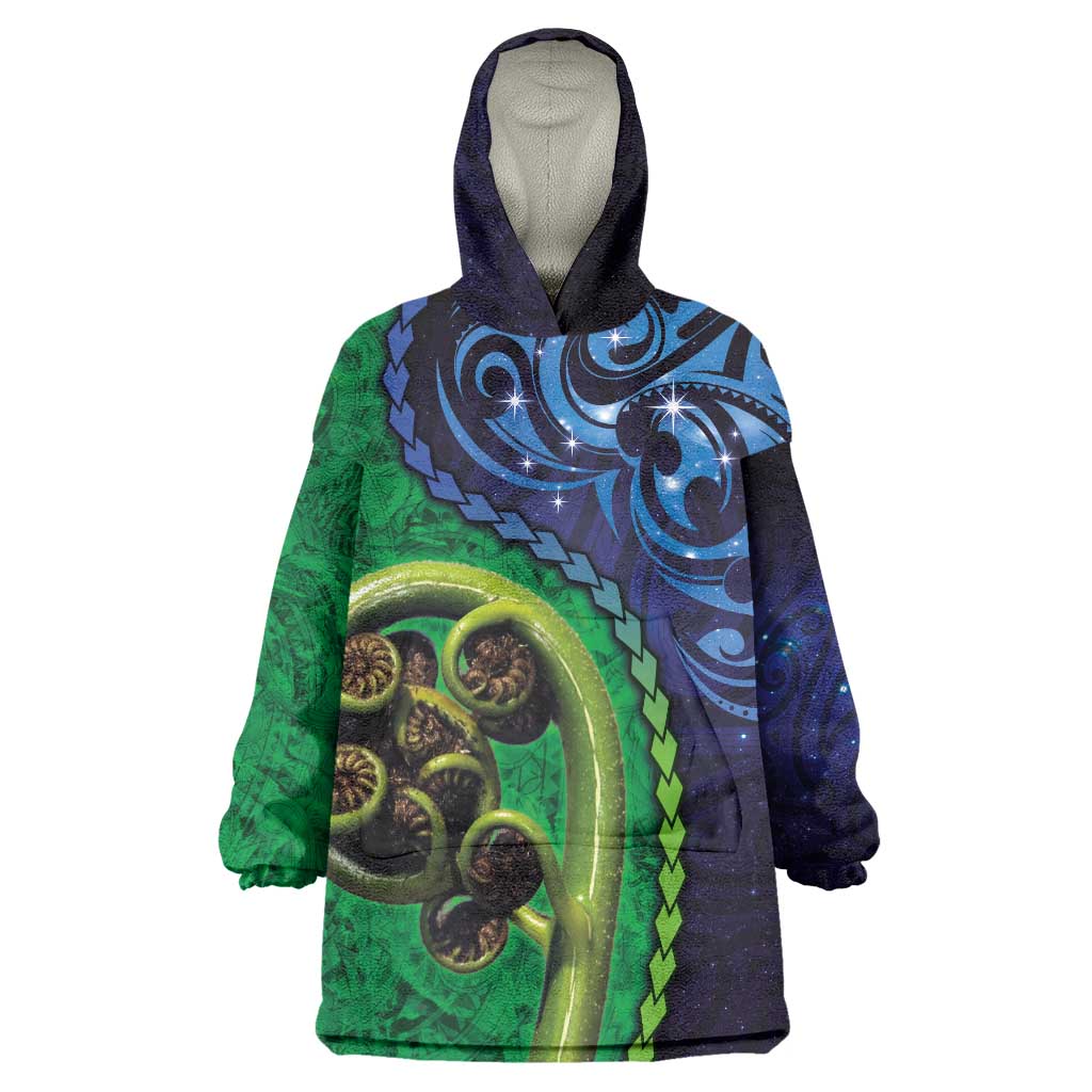 New Zealand Matariki Fern Frond Koru Wearable Blanket Hoodie with Galaxy Blue Sky and Green Paua Shell Art LT03 One Size Blue - Polynesian Pride