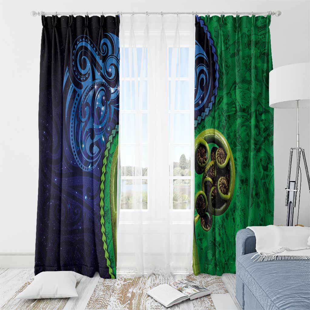 New Zealand Matariki Fern Frond Koru Window Curtain with Galaxy Blue Sky and Green Paua Shell Art LT03 - Polynesian Pride