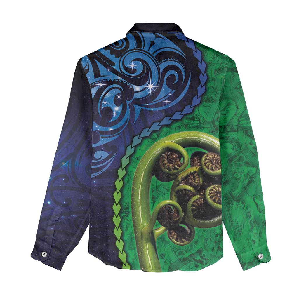 New Zealand Matariki Fern Frond Koru Women Casual Shirt with Galaxy Blue Sky and Green Paua Shell Art