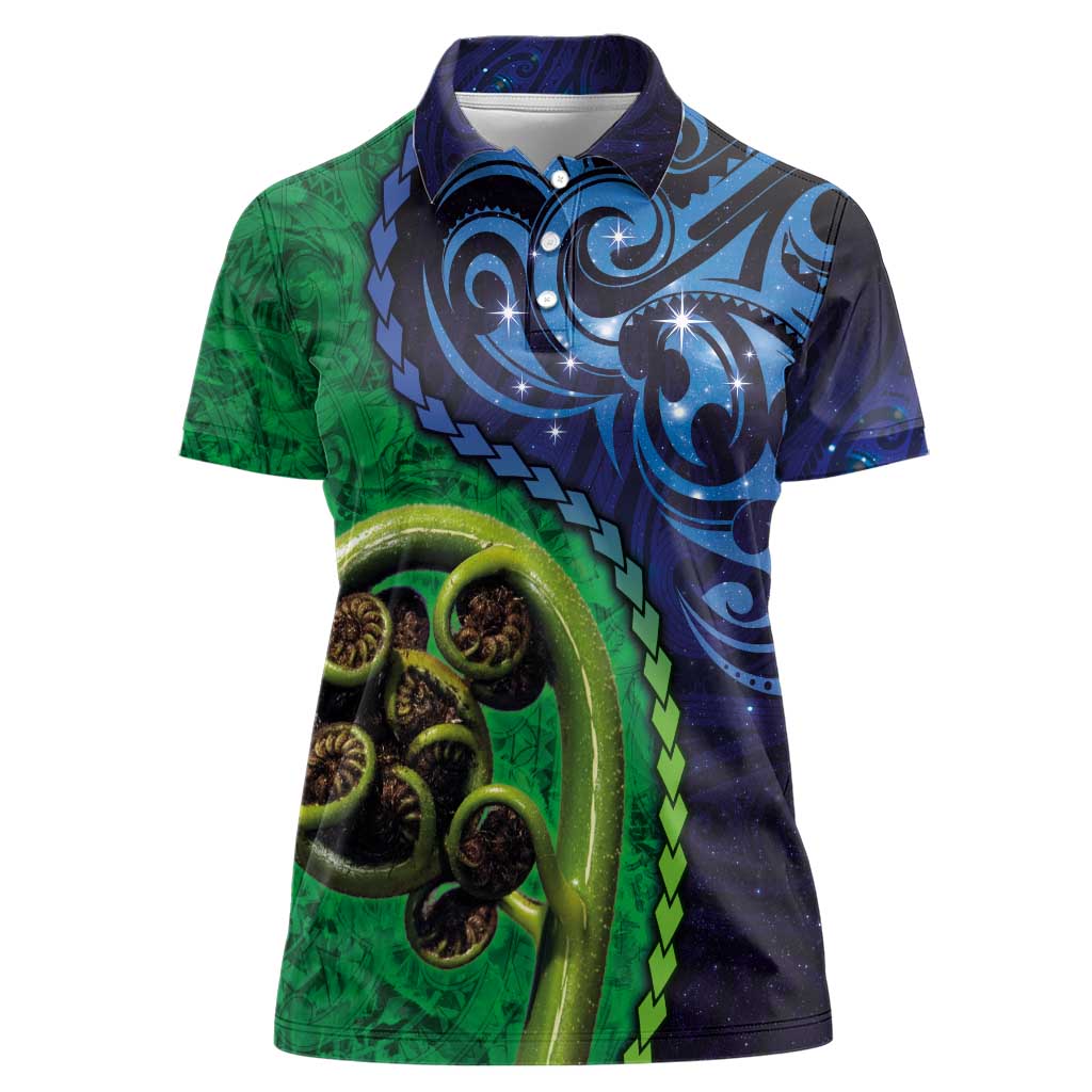 New Zealand Matariki Fern Frond Koru Women Polo Shirt with Galaxy Blue Sky and Green Paua Shell Art LT03 Female Blue - Polynesian Pride