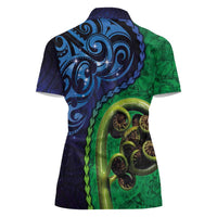 New Zealand Matariki Fern Frond Koru Women Polo Shirt with Galaxy Blue Sky and Green Paua Shell Art LT03 - Polynesian Pride