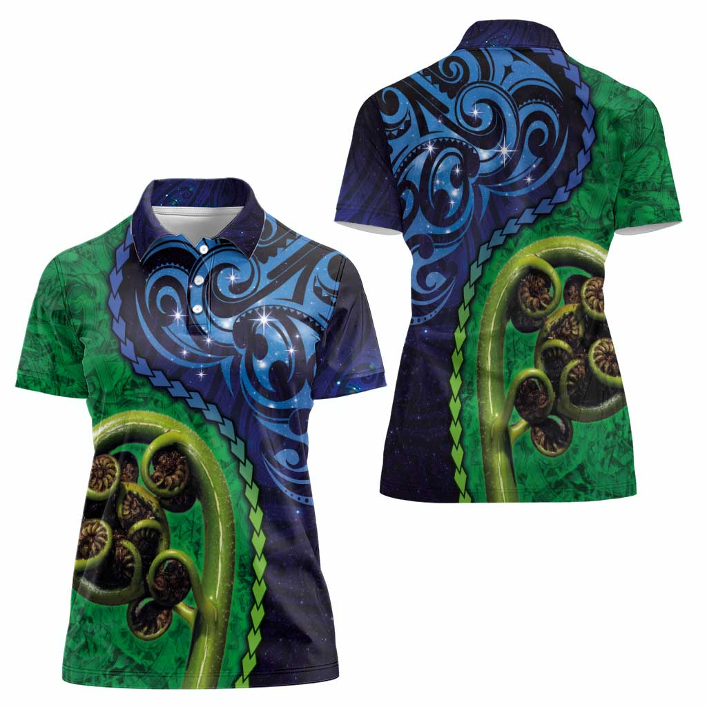 New Zealand Matariki Fern Frond Koru Women Polo Shirt with Galaxy Blue Sky and Green Paua Shell Art LT03 - Polynesian Pride