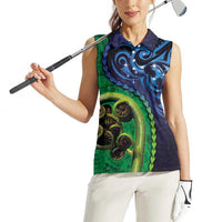 New Zealand Matariki Fern Frond Koru Women Sleeveless Polo Shirt with Galaxy Blue Sky and Green Paua Shell Art LT03 - Polynesian Pride