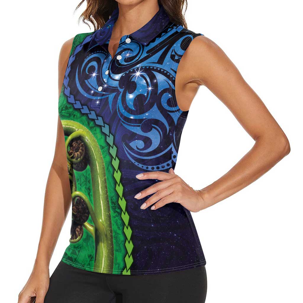 New Zealand Matariki Fern Frond Koru Women Sleeveless Polo Shirt with Galaxy Blue Sky and Green Paua Shell Art LT03 - Polynesian Pride