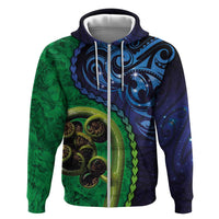 New Zealand Matariki Fern Frond Koru Zip Hoodie with Galaxy Blue Sky and Green Paua Shell Art LT03 Zip Hoodie Blue - Polynesian Pride
