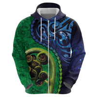 New Zealand Matariki Fern Frond Koru Zip Hoodie with Galaxy Blue Sky and Green Paua Shell Art LT03 - Polynesian Pride