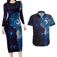 Matariki New Zealand Maori Koru Art Tattoo Couples Matching Long Sleeve Bodycon Dress and Hawaiian Shirt New Year Galaxy Blue Sky Style LT03 Blue - Polynesian Pride