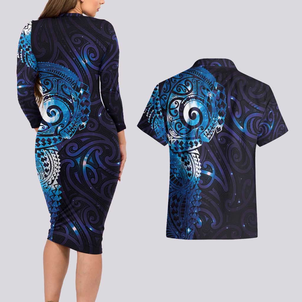 Matariki New Zealand Maori Koru Art Tattoo Couples Matching Long Sleeve Bodycon Dress and Hawaiian Shirt New Year Galaxy Blue Sky Style LT03 - Polynesian Pride