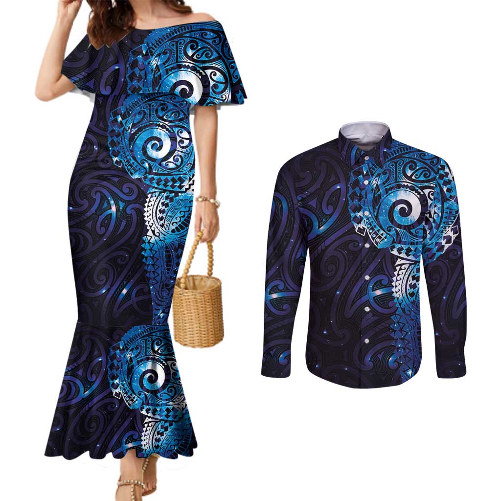 Matariki New Zealand Maori Koru Art Tattoo Couples Matching Mermaid Dress and Long Sleeve Button Shirt New Year Galaxy Blue Sky Style LT03 Blue - Polynesian Pride
