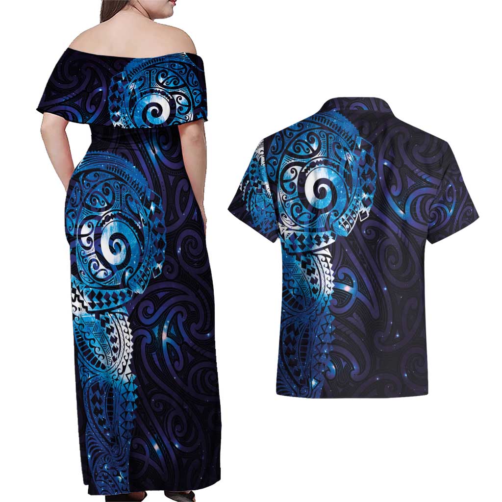 Matariki New Zealand Maori Koru Art Tattoo Couples Matching Off Shoulder Maxi Dress and Hawaiian Shirt New Year Galaxy Blue Sky Style LT03 - Polynesian Pride