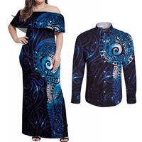 Matariki New Zealand Maori Koru Art Tattoo Couples Matching Off Shoulder Maxi Dress and Long Sleeve Button Shirt New Year Galaxy Blue Sky Style LT03 Blue - Polynesian Pride