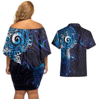Matariki New Zealand Maori Koru Art Tattoo Couples Matching Off Shoulder Short Dress and Hawaiian Shirt New Year Galaxy Blue Sky Style LT03 - Polynesian Pride