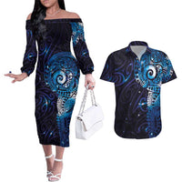 Matariki New Zealand Maori Koru Art Tattoo Couples Matching Off The Shoulder Long Sleeve Dress and Hawaiian Shirt New Year Galaxy Blue Sky Style LT03 Blue - Polynesian Pride