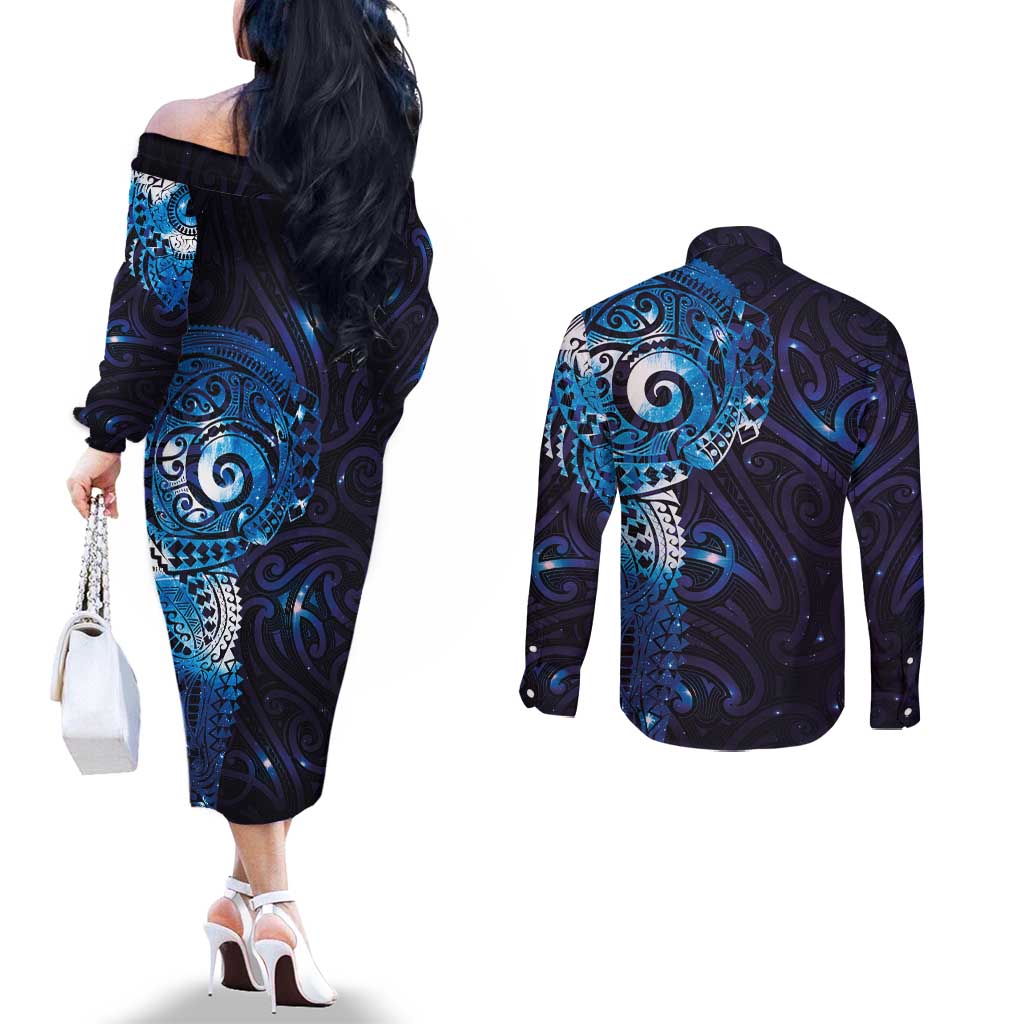 Matariki New Zealand Maori Koru Art Tattoo Couples Matching Off The Shoulder Long Sleeve Dress and Long Sleeve Button Shirt New Year Galaxy Blue Sky Style LT03 - Polynesian Pride