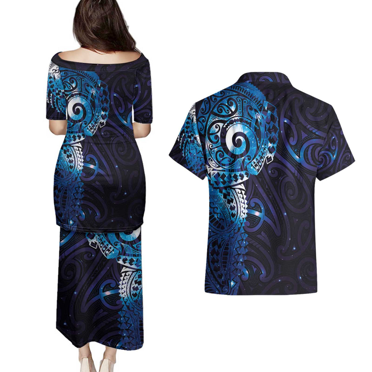 Matariki New Zealand Maori Koru Art Tattoo Couples Matching Puletasi and Hawaiian Shirt New Year Galaxy Blue Sky Style LT03 - Polynesian Pride