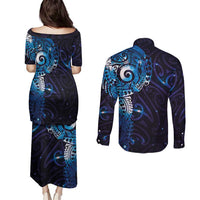 Matariki New Zealand Maori Koru Art Tattoo Couples Matching Puletasi and Long Sleeve Button Shirt New Year Galaxy Blue Sky Style LT03 - Polynesian Pride