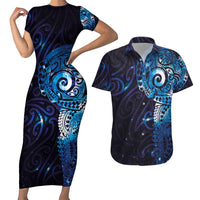 Matariki New Zealand Maori Koru Art Tattoo Couples Matching Short Sleeve Bodycon Dress and Hawaiian Shirt New Year Galaxy Blue Sky Style LT03 Blue - Polynesian Pride