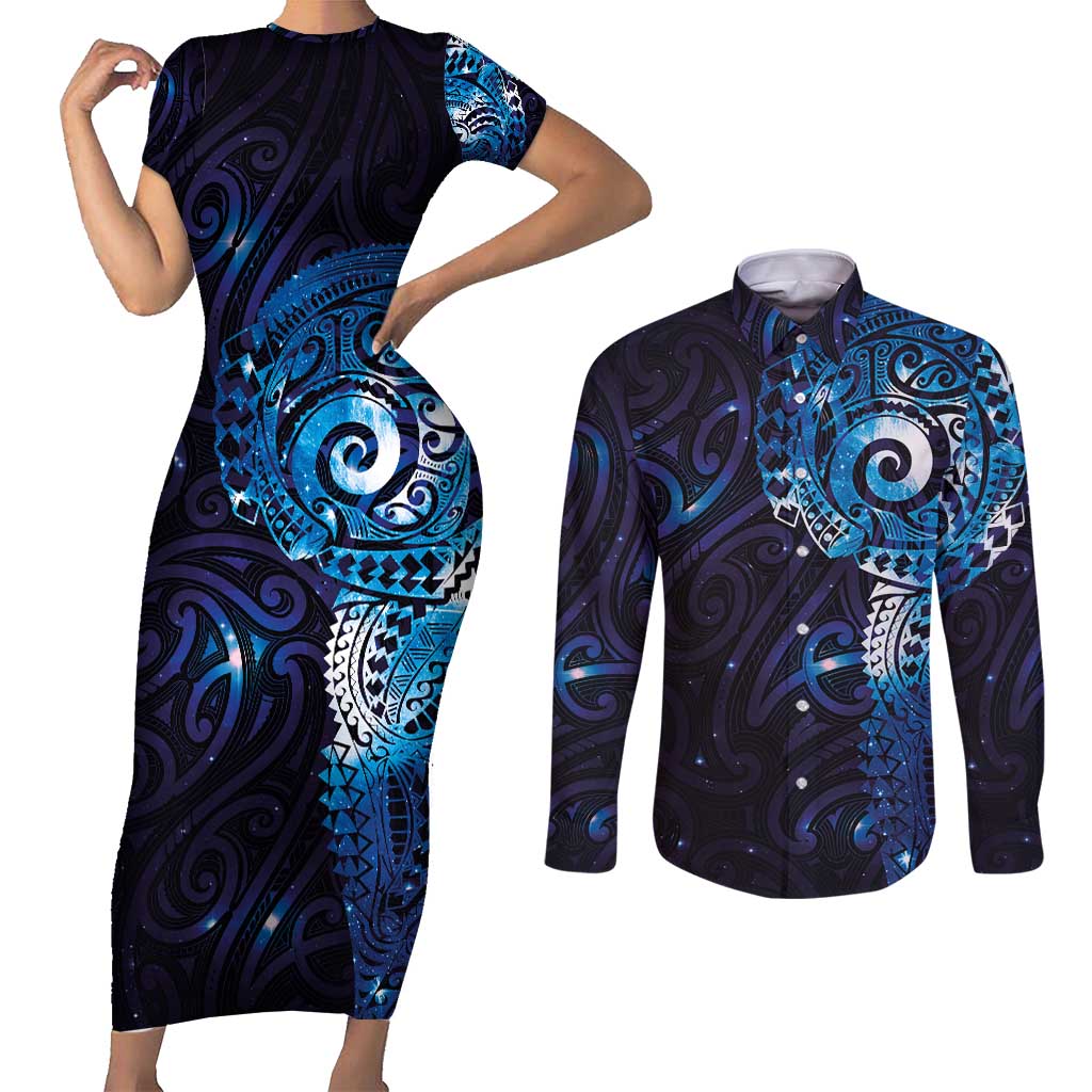 Matariki New Zealand Maori Koru Art Tattoo Couples Matching Short Sleeve Bodycon Dress and Long Sleeve Button Shirt New Year Galaxy Blue Sky Style LT03 Blue - Polynesian Pride