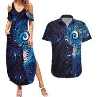 Matariki New Zealand Maori Koru Art Tattoo Couples Matching Summer Maxi Dress and Hawaiian Shirt New Year Galaxy Blue Sky Style LT03 Blue - Polynesian Pride