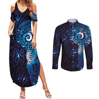 Matariki New Zealand Maori Koru Art Tattoo Couples Matching Summer Maxi Dress and Long Sleeve Button Shirt New Year Galaxy Blue Sky Style LT03 Blue - Polynesian Pride