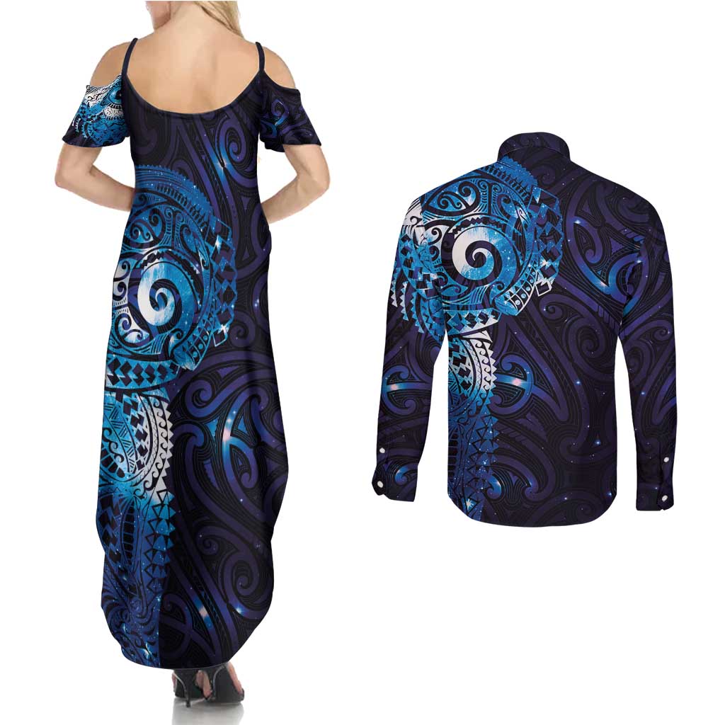 Matariki New Zealand Maori Koru Art Tattoo Couples Matching Summer Maxi Dress and Long Sleeve Button Shirt New Year Galaxy Blue Sky Style LT03 - Polynesian Pride