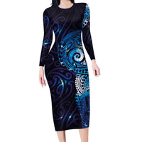 Matariki New Zealand Maori Koru Art Tattoo Family Matching Long Sleeve Bodycon Dress and Hawaiian Shirt New Year Galaxy Blue Sky Style LT03 Mom's Dress Blue - Polynesian Pride
