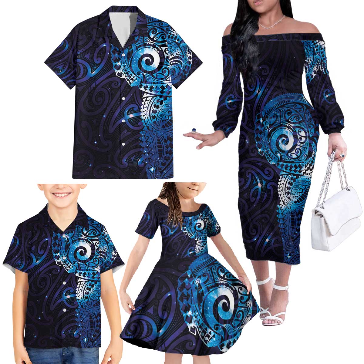 Matariki New Zealand Maori Koru Art Tattoo Family Matching Off The Shoulder Long Sleeve Dress and Hawaiian Shirt New Year Galaxy Blue Sky Style LT03 - Polynesian Pride
