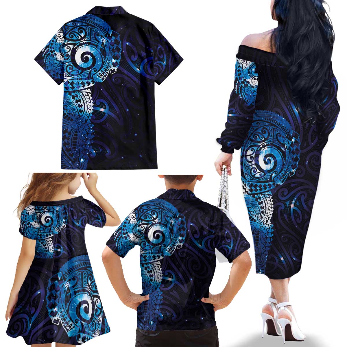 Matariki New Zealand Maori Koru Art Tattoo Family Matching Off The Shoulder Long Sleeve Dress and Hawaiian Shirt New Year Galaxy Blue Sky Style LT03 - Polynesian Pride