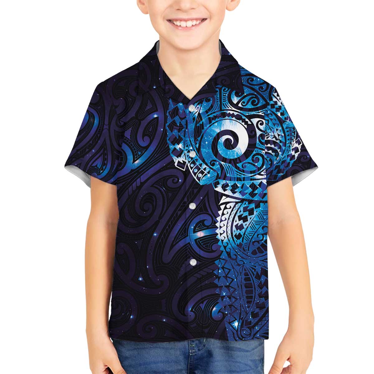 Matariki New Zealand Maori Koru Art Tattoo Family Matching Off The Shoulder Long Sleeve Dress and Hawaiian Shirt New Year Galaxy Blue Sky Style LT03 Son's Shirt Blue - Polynesian Pride