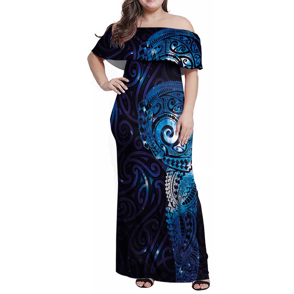 Matariki New Zealand Maori Koru Art Tattoo Family Matching Off Shoulder Maxi Dress and Hawaiian Shirt New Year Galaxy Blue Sky Style LT03 Mom's Dress Blue - Polynesian Pride