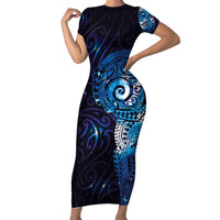Matariki New Zealand Maori Koru Art Tattoo Family Matching Short Sleeve Bodycon Dress and Hawaiian Shirt New Year Galaxy Blue Sky Style LT03 Mom's Dress Blue - Polynesian Pride