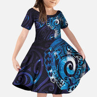 Matariki New Zealand Maori Koru Art Tattoo Family Matching Summer Maxi Dress and Hawaiian Shirt New Year Galaxy Blue Sky Style LT03 Daughter's Dress Blue - Polynesian Pride