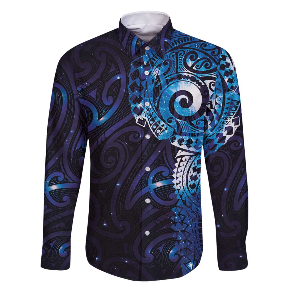 Matariki New Zealand Maori Koru Art Tattoo Family Matching Tank Maxi Dress and Hawaiian Shirt New Year Galaxy Blue Sky Style LT03 Dad's Shirt - Long Sleeve Blue - Polynesian Pride