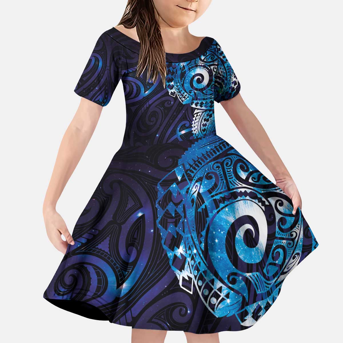 Matariki New Zealand Maori Koru Art Tattoo Kid Short Sleeve Dress New Year Galaxy Blue Sky Style LT03 KID Blue - Polynesian Pride