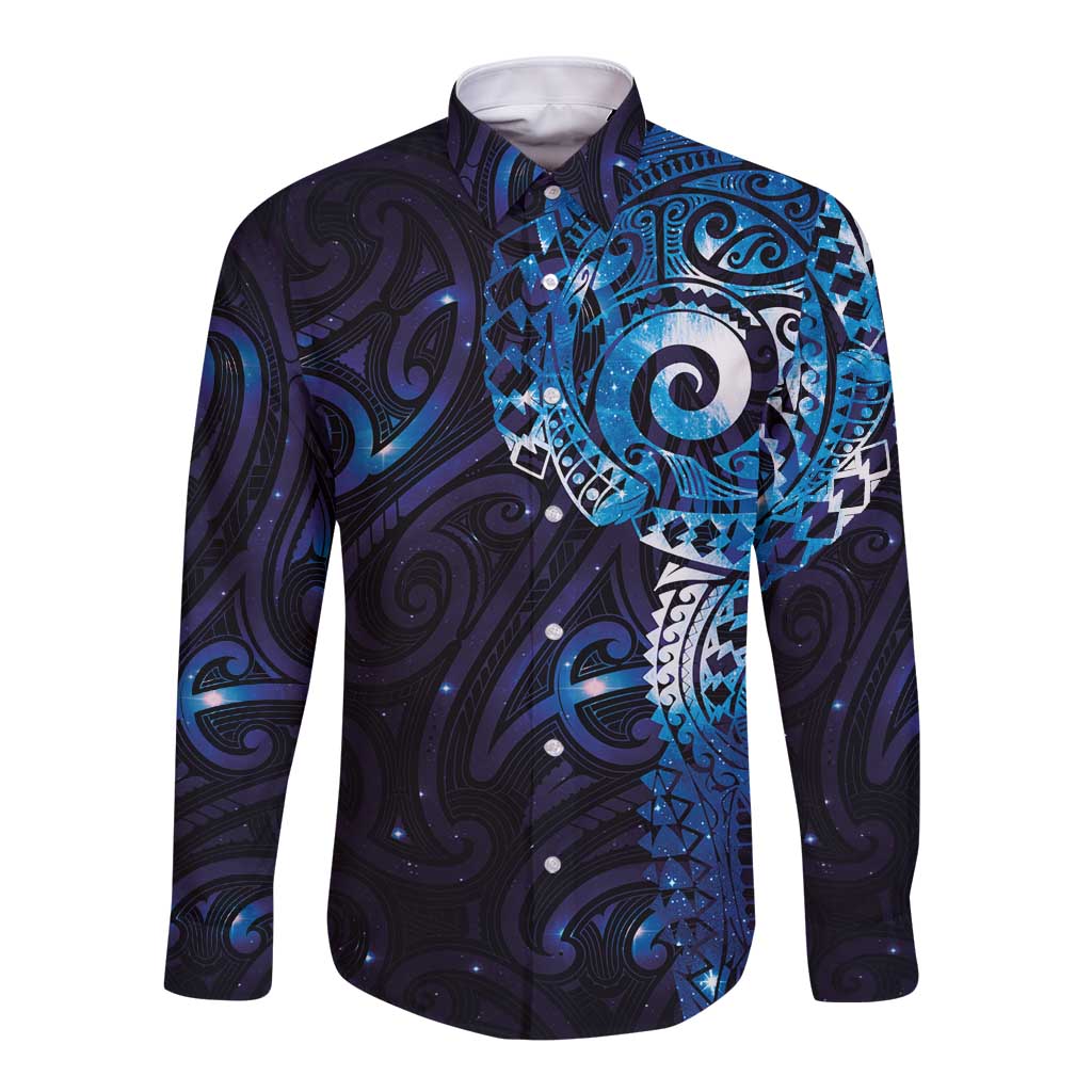Matariki New Zealand Maori Koru Art Tattoo Long Sleeve Button Shirt New Year Galaxy Blue Sky Style LT03 Unisex Blue - Polynesian Pride