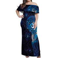 Matariki New Zealand Maori Koru Art Tattoo Off Shoulder Maxi Dress New Year Galaxy Blue Sky Style LT03 Women Blue - Polynesian Pride