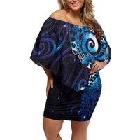 Matariki New Zealand Maori Koru Art Tattoo Off Shoulder Short Dress New Year Galaxy Blue Sky Style LT03 Women Blue - Polynesian Pride