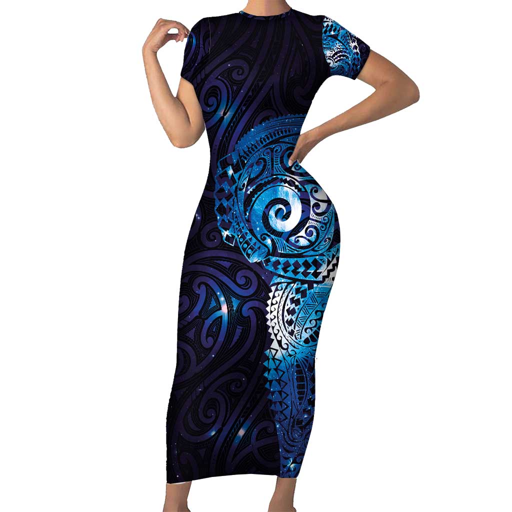 Matariki New Zealand Maori Koru Art Tattoo Short Sleeve Bodycon Dress New Year Galaxy Blue Sky Style LT03 Long Dress Blue - Polynesian Pride