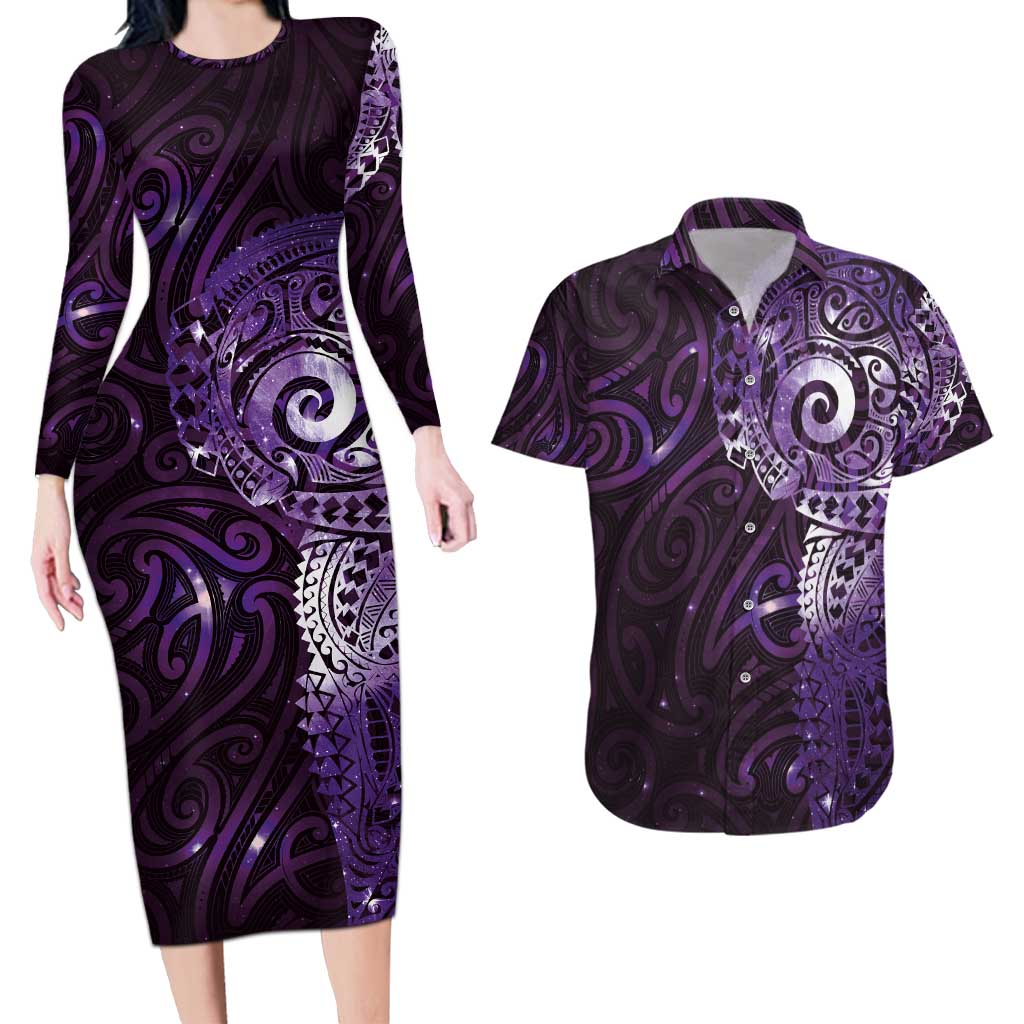 Matariki New Zealand Maori Koru Art Tattoo Couples Matching Long Sleeve Bodycon Dress and Hawaiian Shirt New Year Galaxy Purple Sky Style LT03 Purple - Polynesian Pride