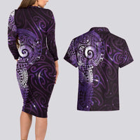 Matariki New Zealand Maori Koru Art Tattoo Couples Matching Long Sleeve Bodycon Dress and Hawaiian Shirt New Year Galaxy Purple Sky Style LT03 - Polynesian Pride