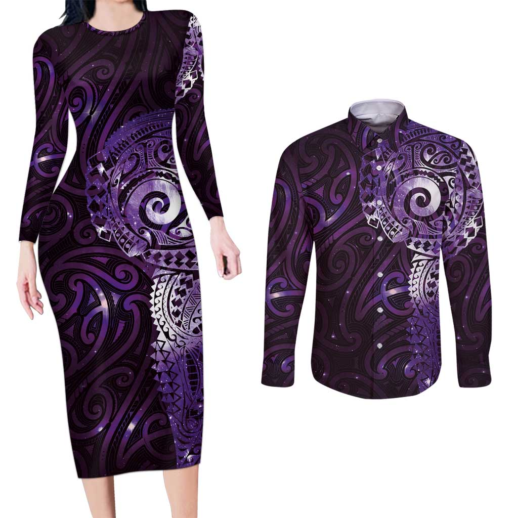 Matariki New Zealand Maori Koru Art Tattoo Couples Matching Long Sleeve Bodycon Dress and Long Sleeve Button Shirt New Year Galaxy Purple Sky Style LT03 Purple - Polynesian Pride