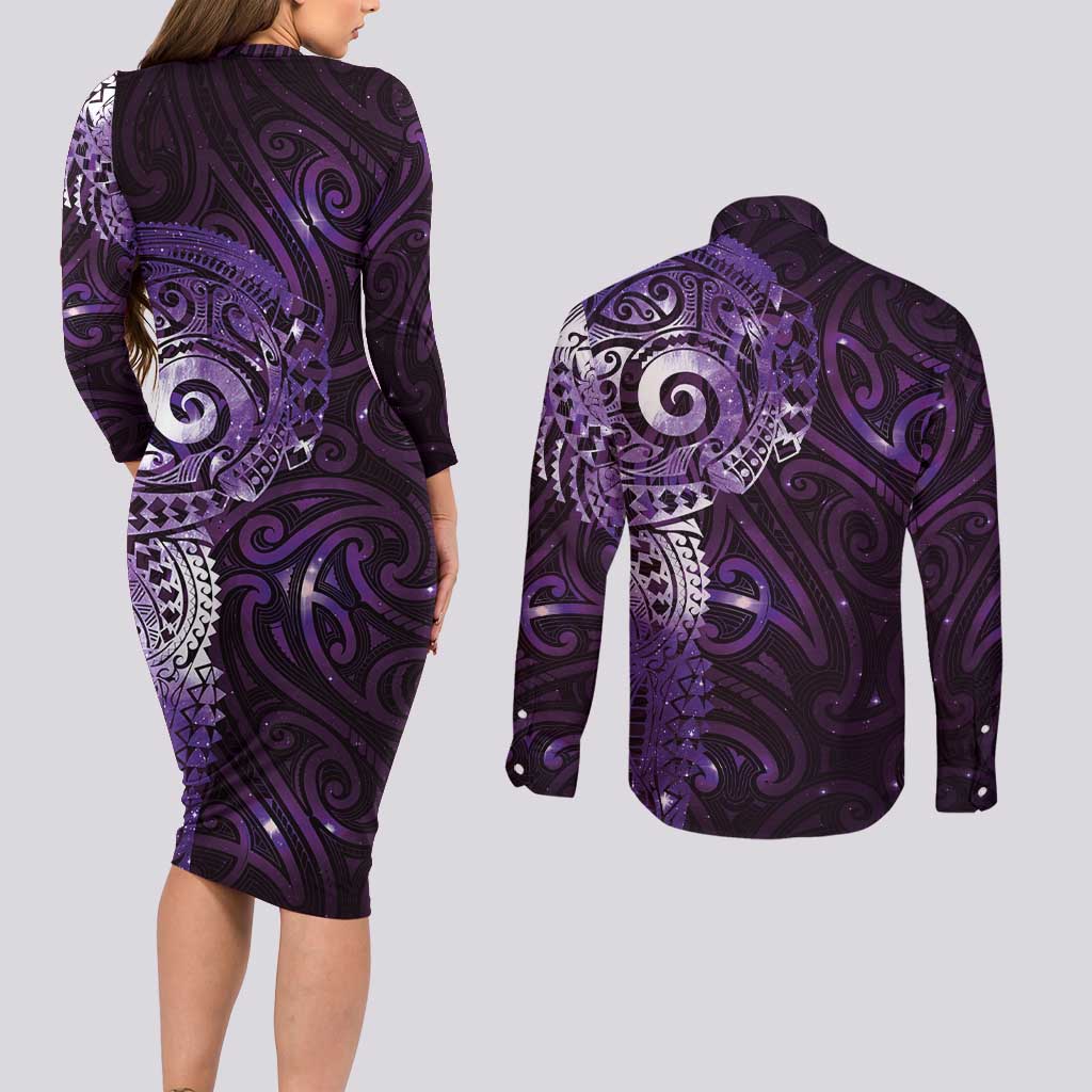 Matariki New Zealand Maori Koru Art Tattoo Couples Matching Long Sleeve Bodycon Dress and Long Sleeve Button Shirt New Year Galaxy Purple Sky Style LT03 - Polynesian Pride