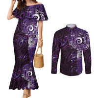 Matariki New Zealand Maori Koru Art Tattoo Couples Matching Mermaid Dress and Long Sleeve Button Shirt New Year Galaxy Purple Sky Style LT03 Purple - Polynesian Pride