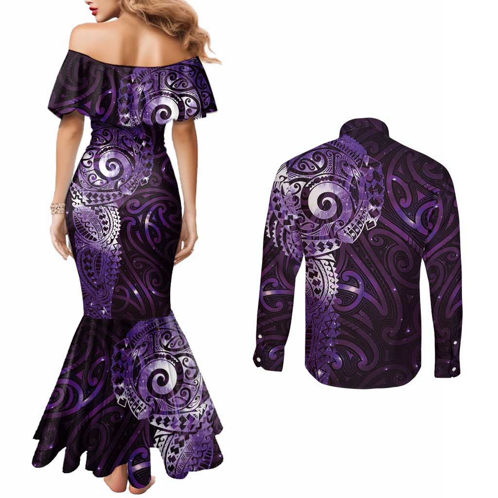 Matariki New Zealand Maori Koru Art Tattoo Couples Matching Mermaid Dress and Long Sleeve Button Shirt New Year Galaxy Purple Sky Style LT03 - Polynesian Pride