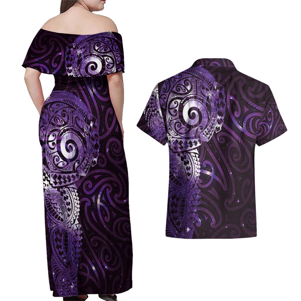 Matariki New Zealand Maori Koru Art Tattoo Couples Matching Off Shoulder Maxi Dress and Hawaiian Shirt New Year Galaxy Purple Sky Style LT03 - Polynesian Pride