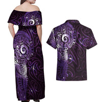 Matariki New Zealand Maori Koru Art Tattoo Couples Matching Off Shoulder Maxi Dress and Hawaiian Shirt New Year Galaxy Purple Sky Style LT03 - Polynesian Pride