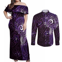 Matariki New Zealand Maori Koru Art Tattoo Couples Matching Off Shoulder Maxi Dress and Long Sleeve Button Shirt New Year Galaxy Purple Sky Style LT03 Purple - Polynesian Pride